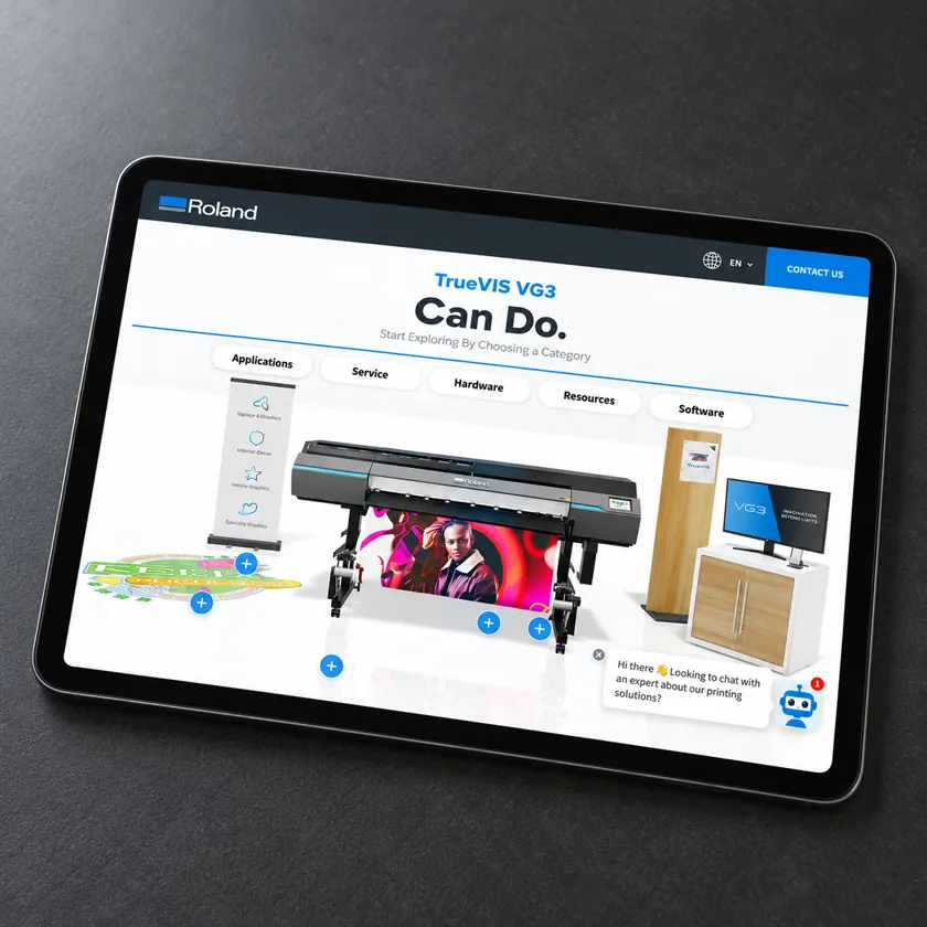 Tablet showing a virtual showroom with a large-format printer, display stands, category tabs and a chat assistant prompt