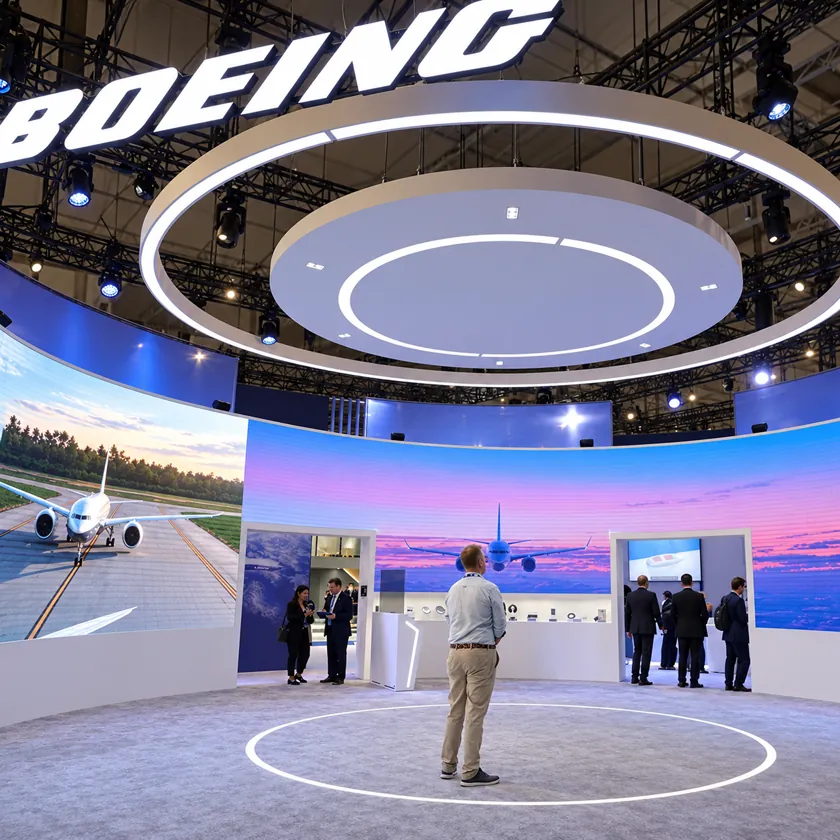Visitors walking past two large LED walls at an exhibition stand entrance, each showing detailed real-time 3D scenes