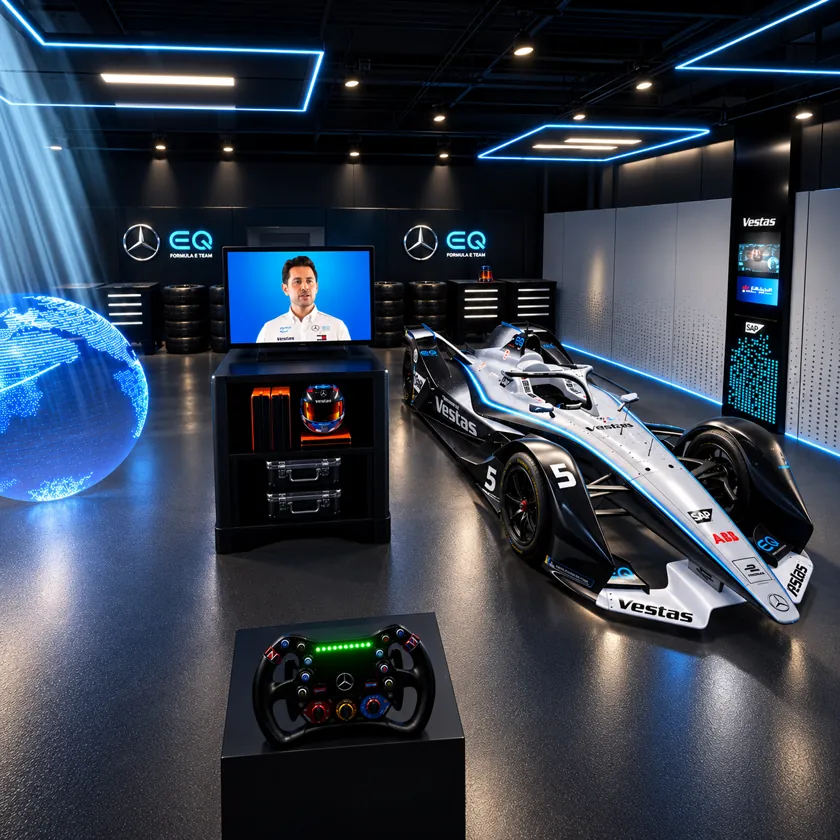 Virtual team garage with a race car, steering wheel on a plinth, holographic globe and a presenter on screen, under blue ceiling lighting