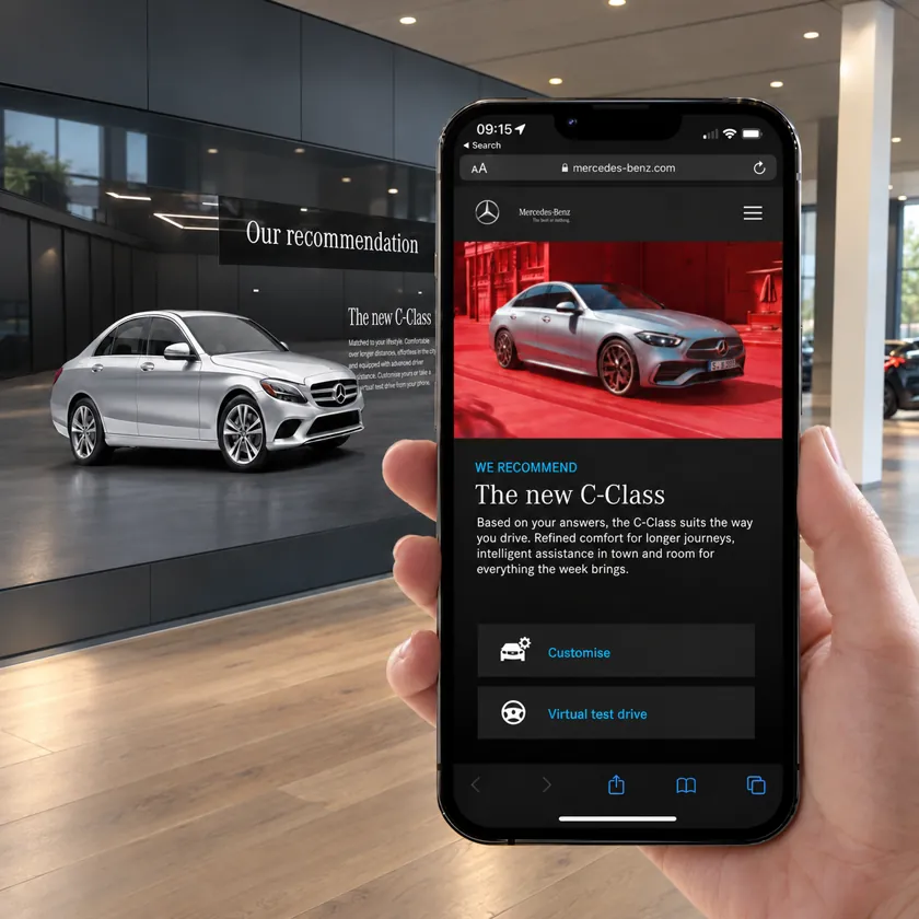 Hand holding a phone showing a recommended car with options to customise or take a virtual test drive, in front of a showroom wall displaying the same model