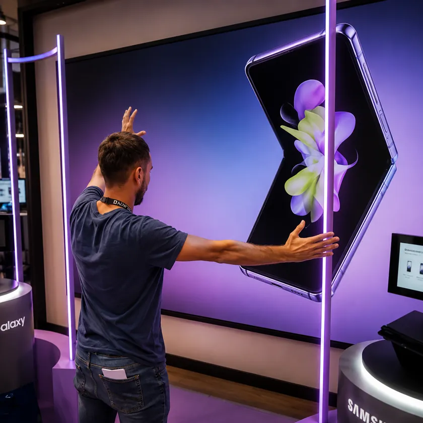 Traveller using hand gestures in front of an interactive wall showing folding smartphones in an airport store