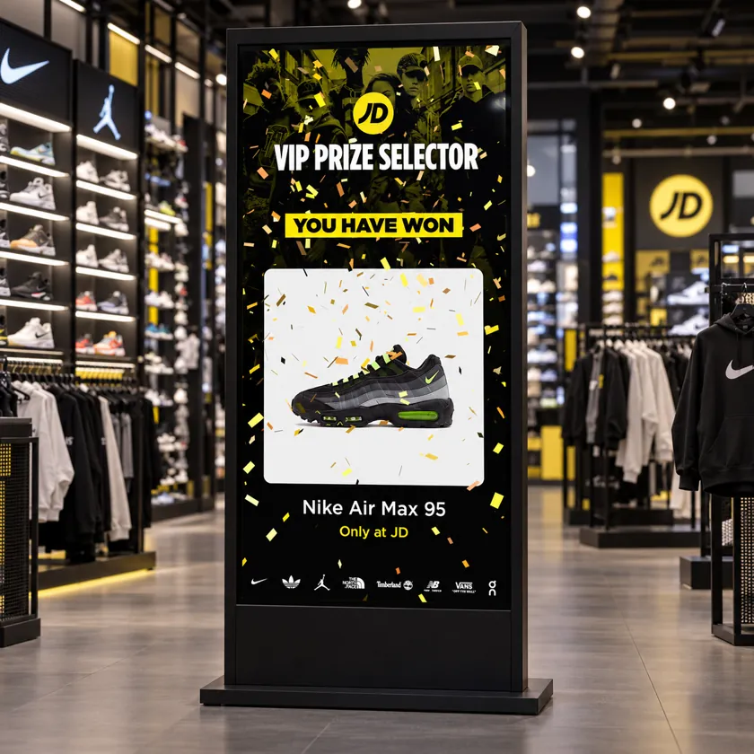 Tall touchscreen totem in a sportswear store showing a prize reveal of a trainer with confetti