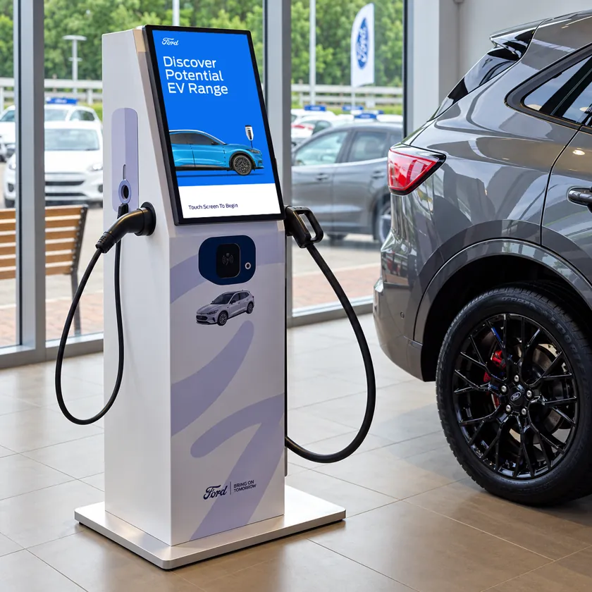 Freestanding touchscreen kiosk displaying an electric vehicle charging guide with simple icons and diagrams