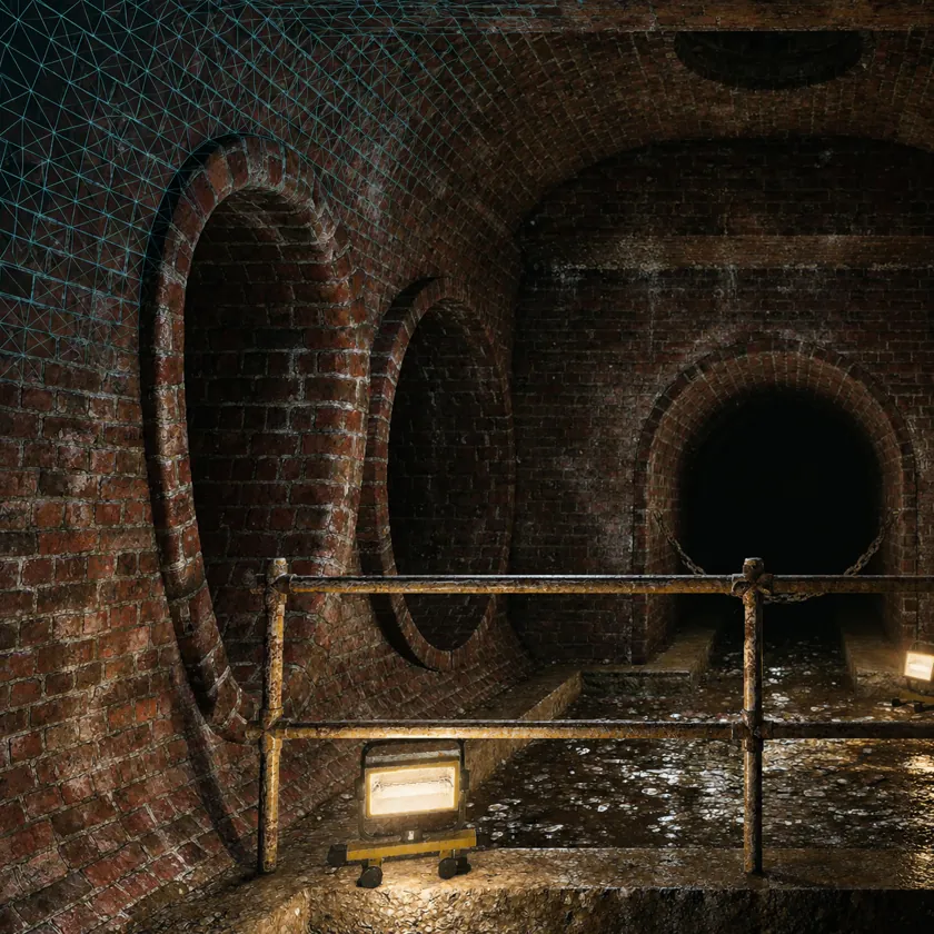 Photoreal 3D sewer chamber with brick tunnels, a handrail and work lights, with a wireframe mesh overlaid across the upper wall